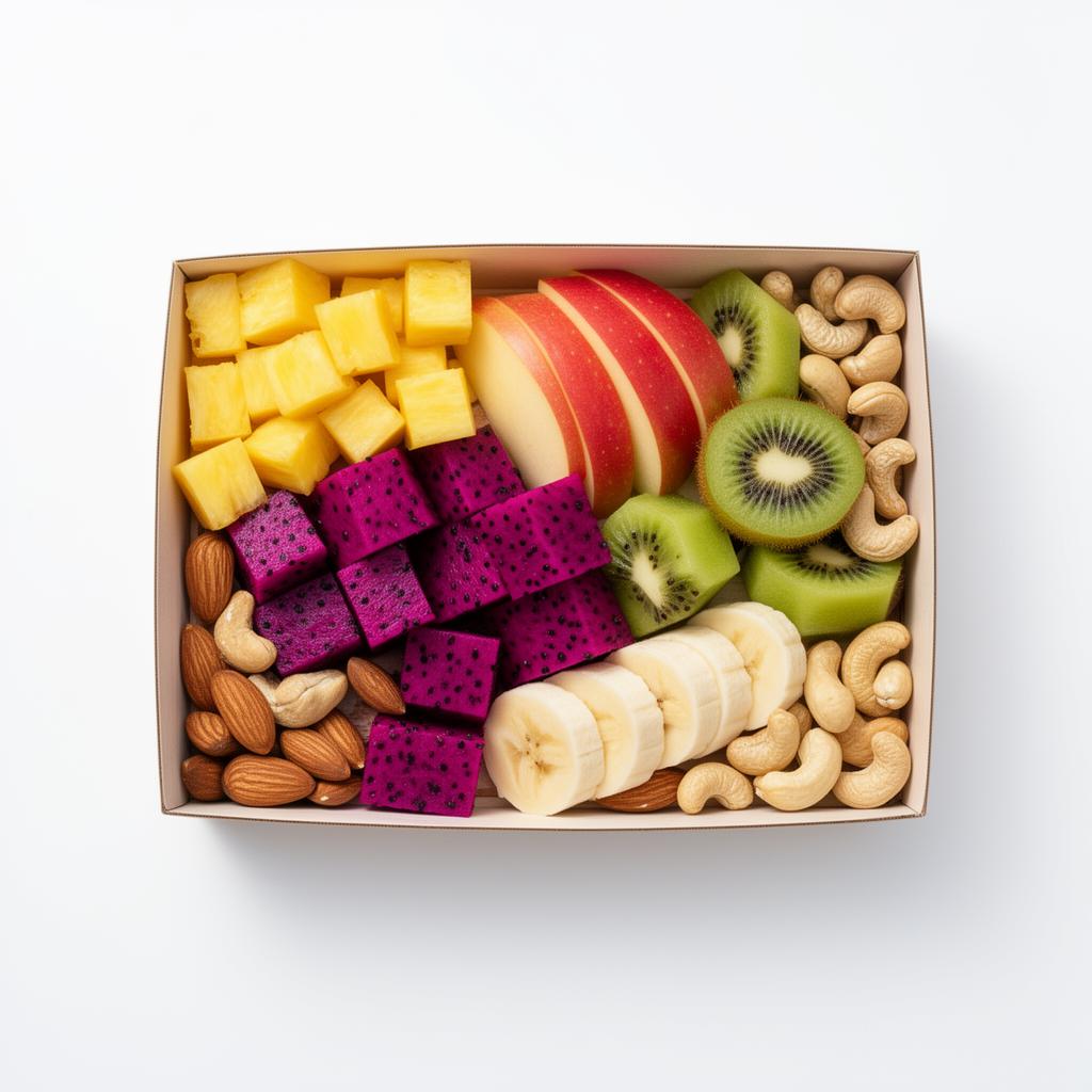Colorful fresh cut fruit box with apple, kiwi, dragon fruit, pineapple and dry fruits